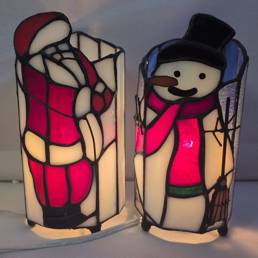 2 Set Westinghouse Tiffany Holiday Lamp Santa Snowman Vtg Catalina Stained Glass